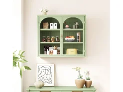 Aparador de parede com 2 portas de vidro curvas - Para cozinha e banheiro - Verde - 70 × 23 × 60 cm
