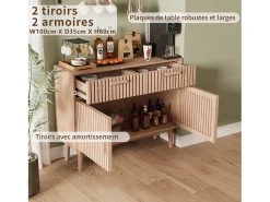 Aparador em Madeira Maciça com 2 Gavetas e 2 Portas – Design Nórdico, 100x35x80cm, Cor Natural