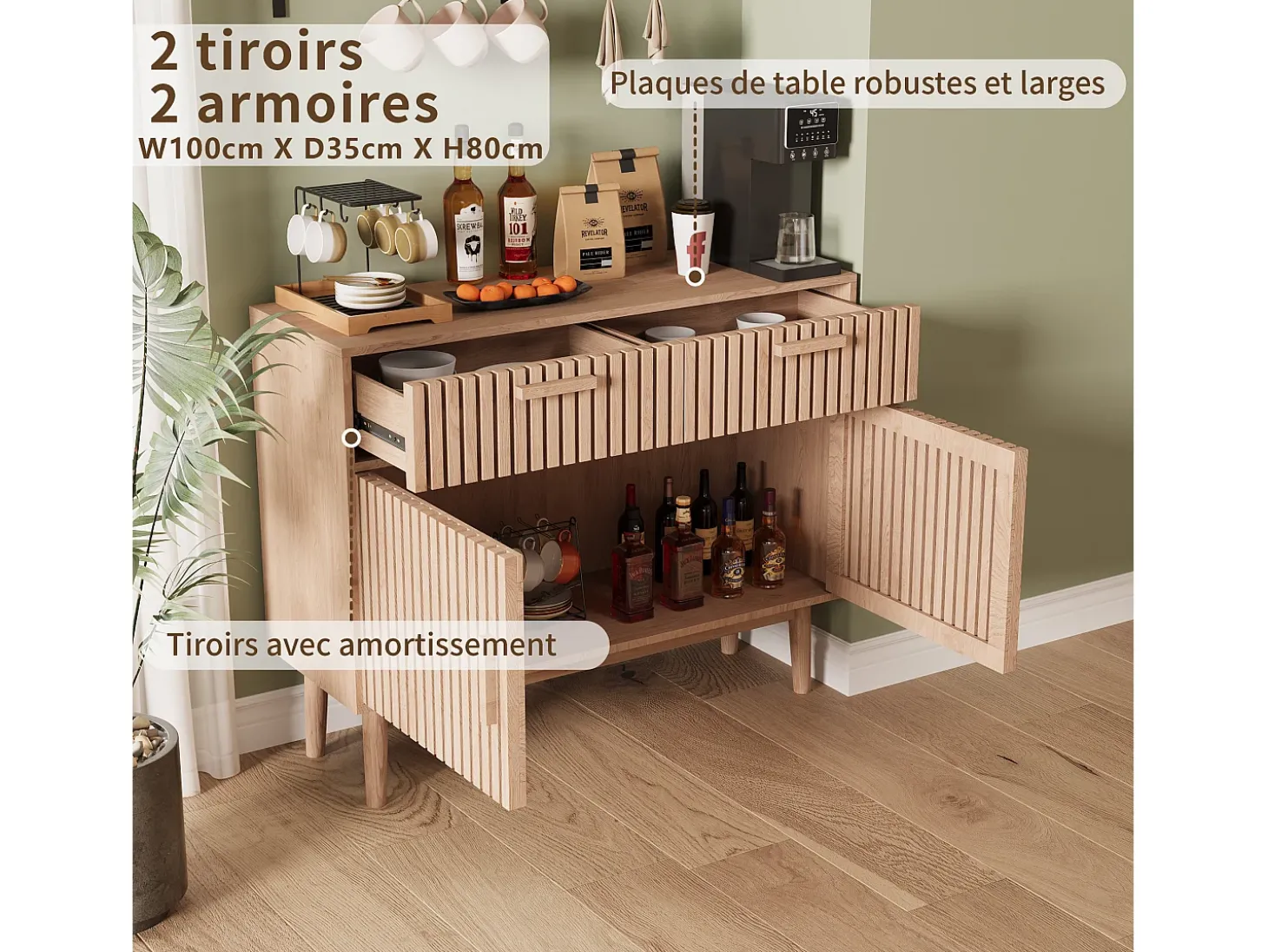 Aparador em Madeira Maciça com 2 Gavetas e 2 Portas – Design Nórdico, 100x35x80cm, Cor Natural