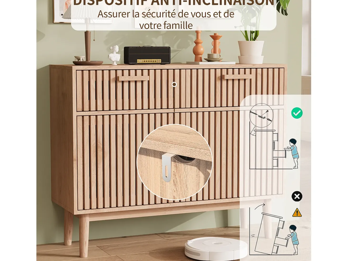 Aparador em Madeira Maciça com 2 Gavetas e 2 Portas – Design Nórdico, 100x35x80cm, Cor Natural