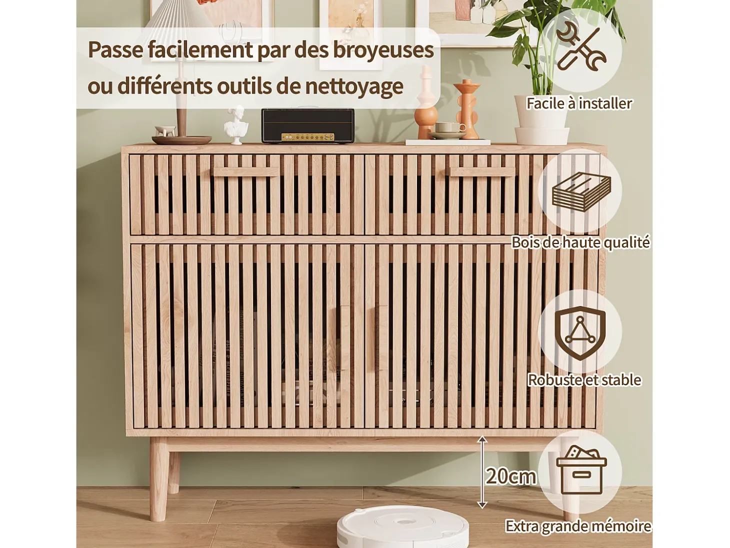 Aparador em Madeira Maciça com 2 Gavetas e 2 Portas – Design Nórdico, 100x35x80cm, Cor Natural
