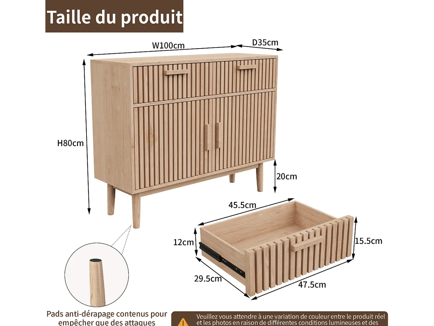 Aparador em Madeira Maciça com 2 Gavetas e 2 Portas – Design Nórdico, 100x35x80cm, Cor Natural