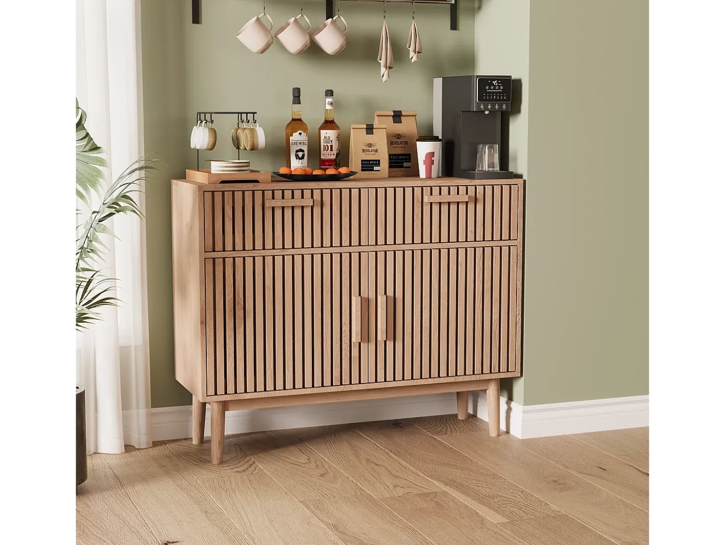 Aparador em Madeira Maciça com 2 Gavetas e 2 Portas – Design Nórdico, 100x35x80cm, Cor Natural