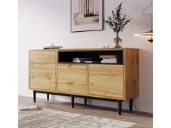 Aparador moderno de madeira com 3 portas e prateleiras, 160x35x76cm, fácil de montar, compacto e robusto.