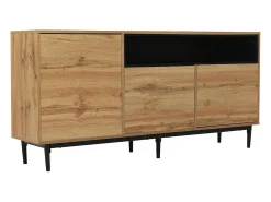 Aparador moderno de madeira com 3 portas e prateleiras, 160x35x76cm, fácil de montar, compacto e robusto.