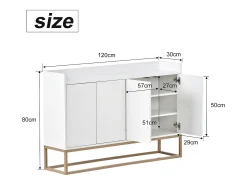 Aparador Moderno Minimalista 120cm com 4 Portas, Estrutura em Metal e Prateleiras Ajustáveis – Branco e Dourado