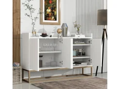 Aparador Moderno Minimalista 120cm com 4 Portas, Estrutura em Metal e Prateleiras Ajustáveis – Branco e Dourado