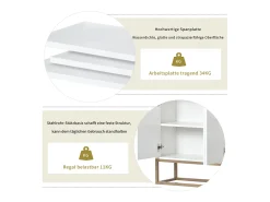Aparador Moderno Minimalista 120cm com 4 Portas, Estrutura em Metal e Prateleiras Ajustáveis – Branco e Dourado