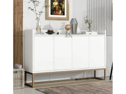 Aparador Moderno Minimalista 120cm com 4 Portas, Estrutura em Metal e Prateleiras Ajustáveis – Branco e Dourado