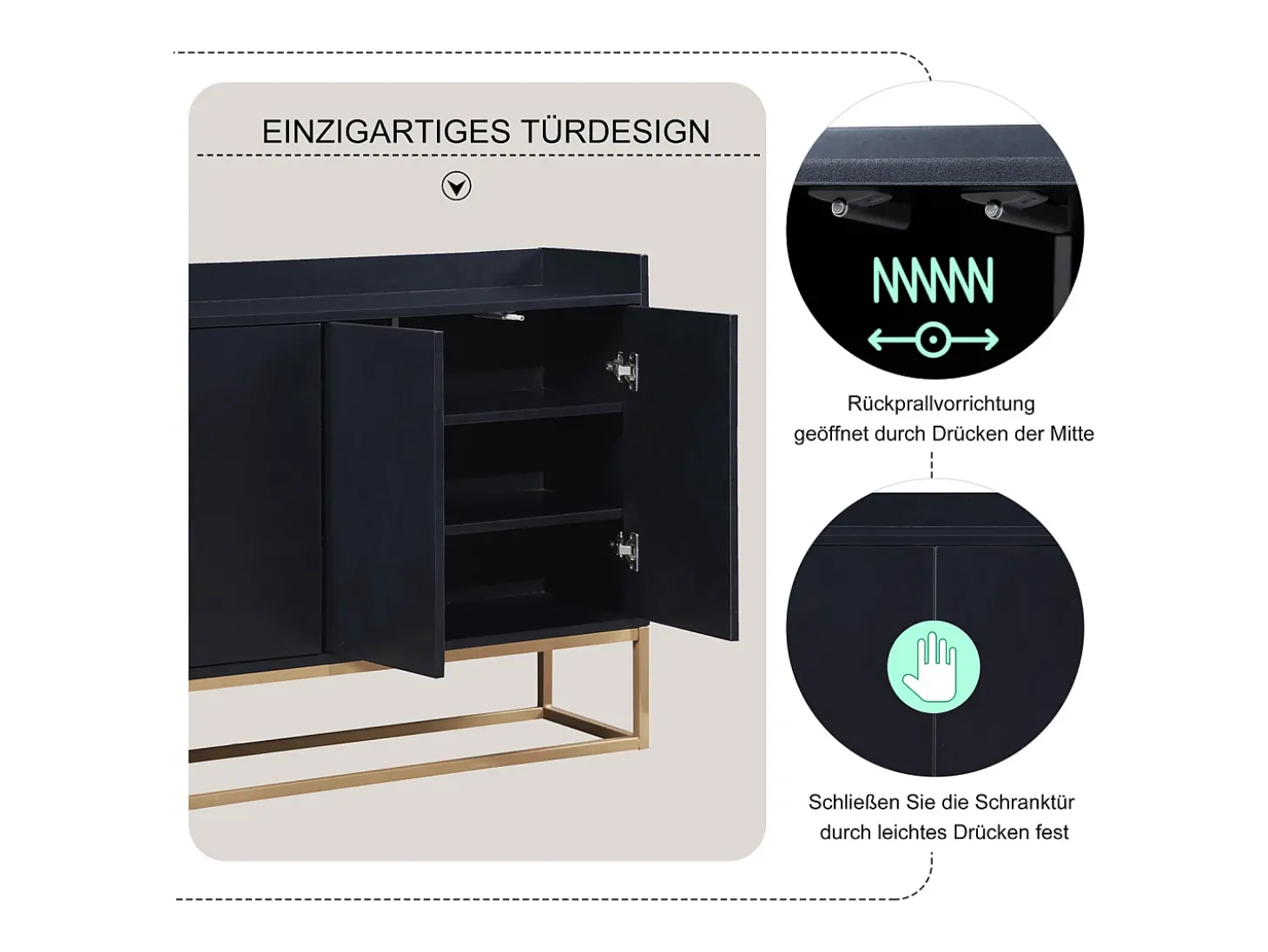 Aparador Moderno Minimalista 120cm com 4 Portas, Estrutura em Metal e Prateleiras Ajustáveis – preto e Dourado