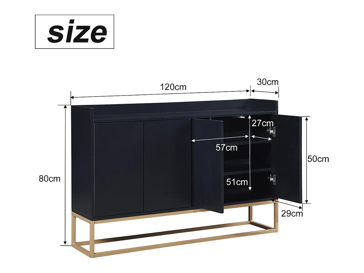 Aparador Moderno Minimalista 120cm com 4 Portas, Estrutura em Metal e Prateleiras Ajustáveis – preto e Dourado