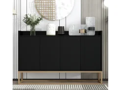 Aparador Moderno Minimalista 120cm com 4 Portas, Estrutura em Metal e Prateleiras Ajustáveis – preto e Dourado