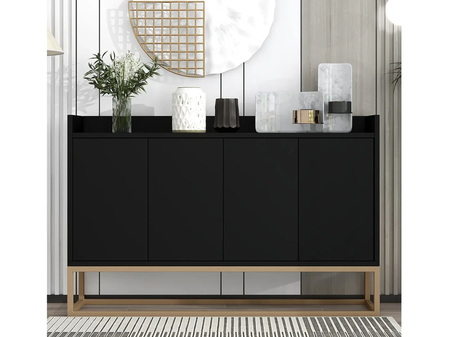 Aparador Moderno Minimalista 120cm com 4 Portas, Estrutura em Metal e Prateleiras Ajustáveis – preto e Dourado