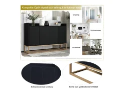 Aparador Moderno Minimalista 120cm com 4 Portas, Estrutura em Metal e Prateleiras Ajustáveis – preto e Dourado