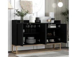 Aparador Moderno Minimalista 120cm com 4 Portas, Estrutura em Metal e Prateleiras Ajustáveis – preto e Dourado