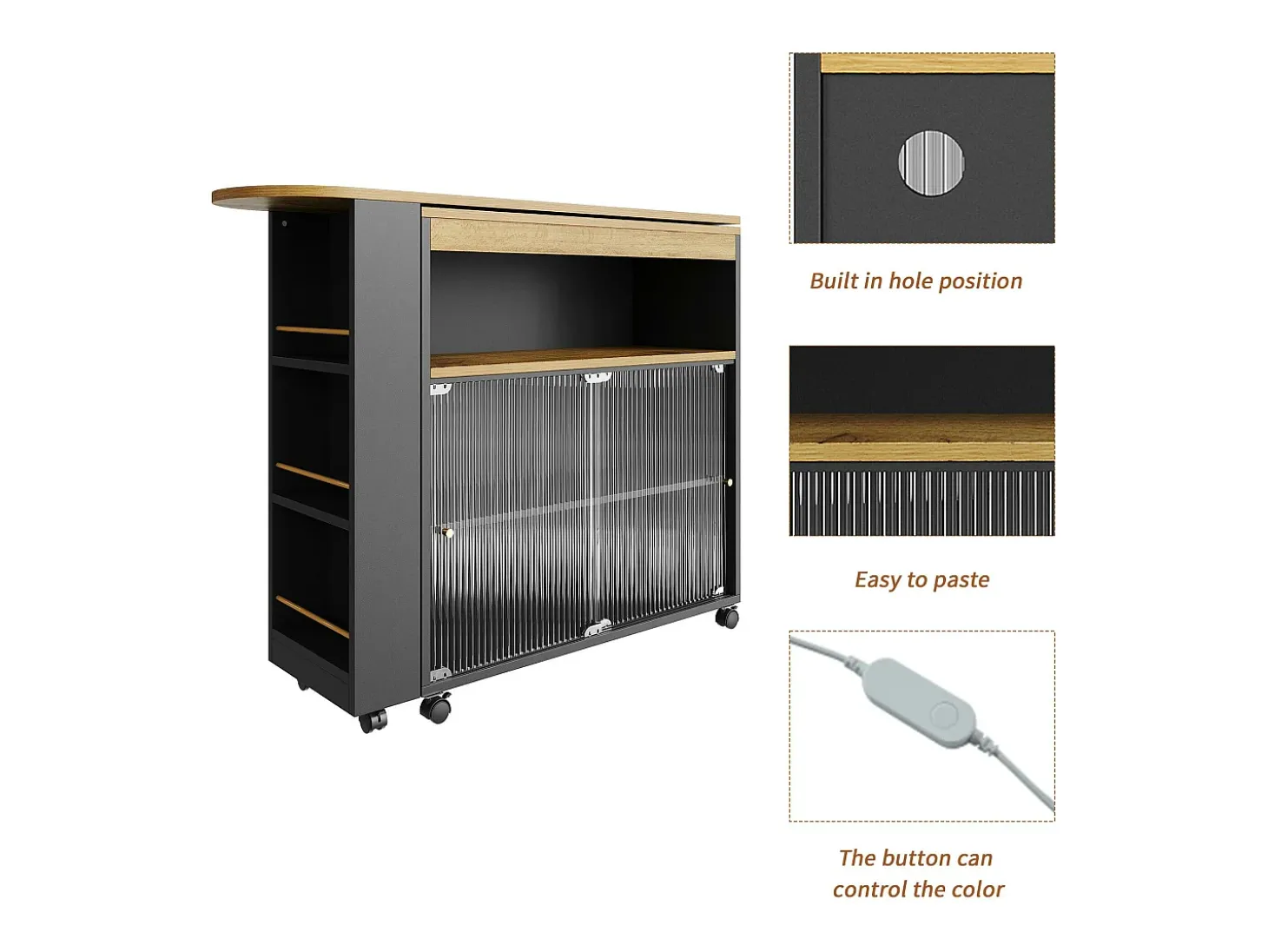 Aparador、Armário bar giratório e retrátil com LED - compartimentos e suporte para temperos - Preto