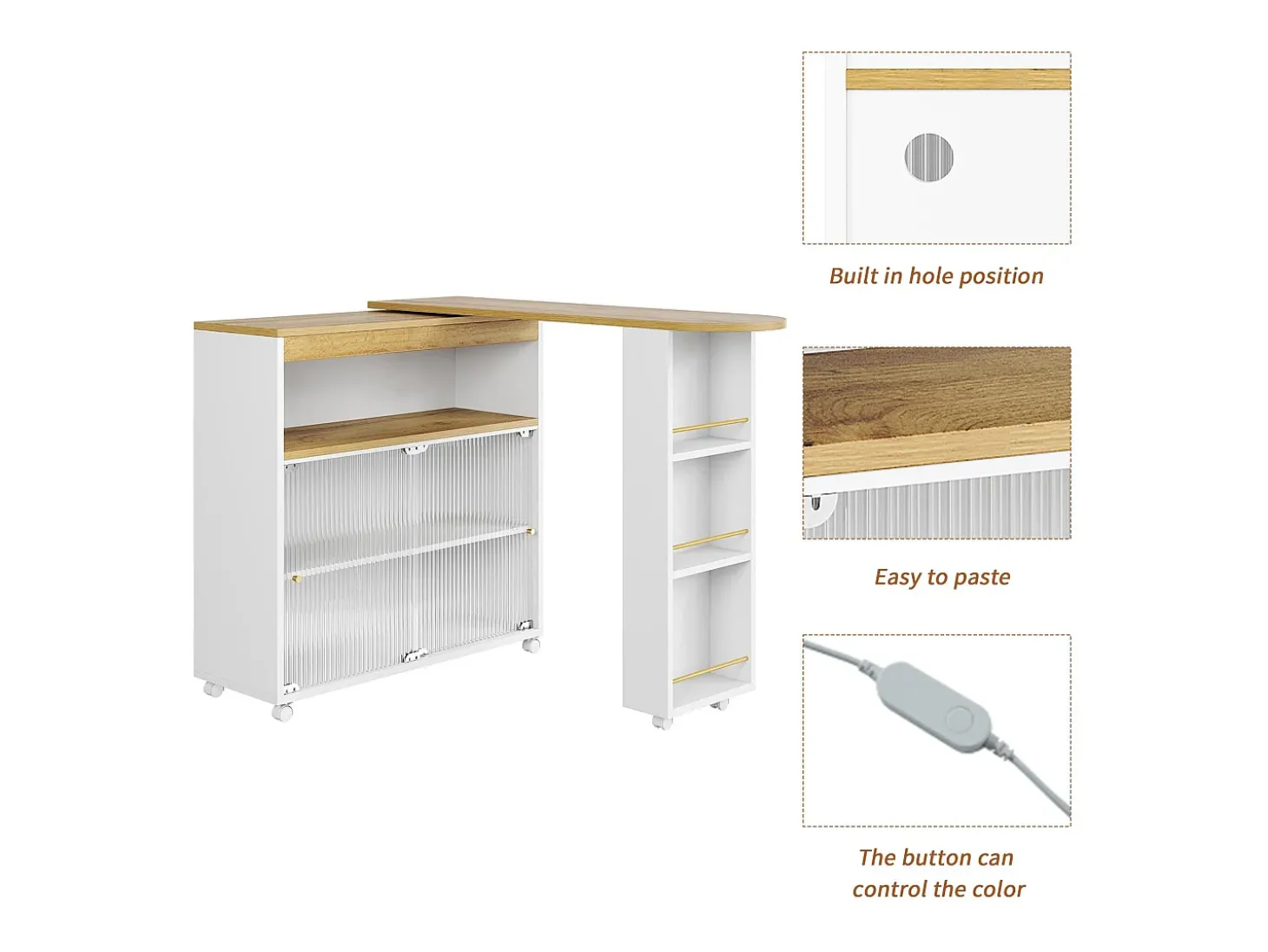 Aparador、Armário bar giratório e retrátil com LED - compartimentos e prateleira para temperos - Branco