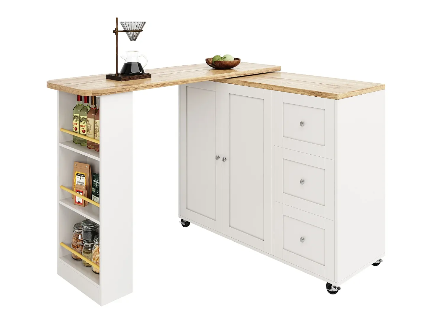 Aparador、Móvel bar giratório - MDF - 3 gavetas e 2 portas - Branco