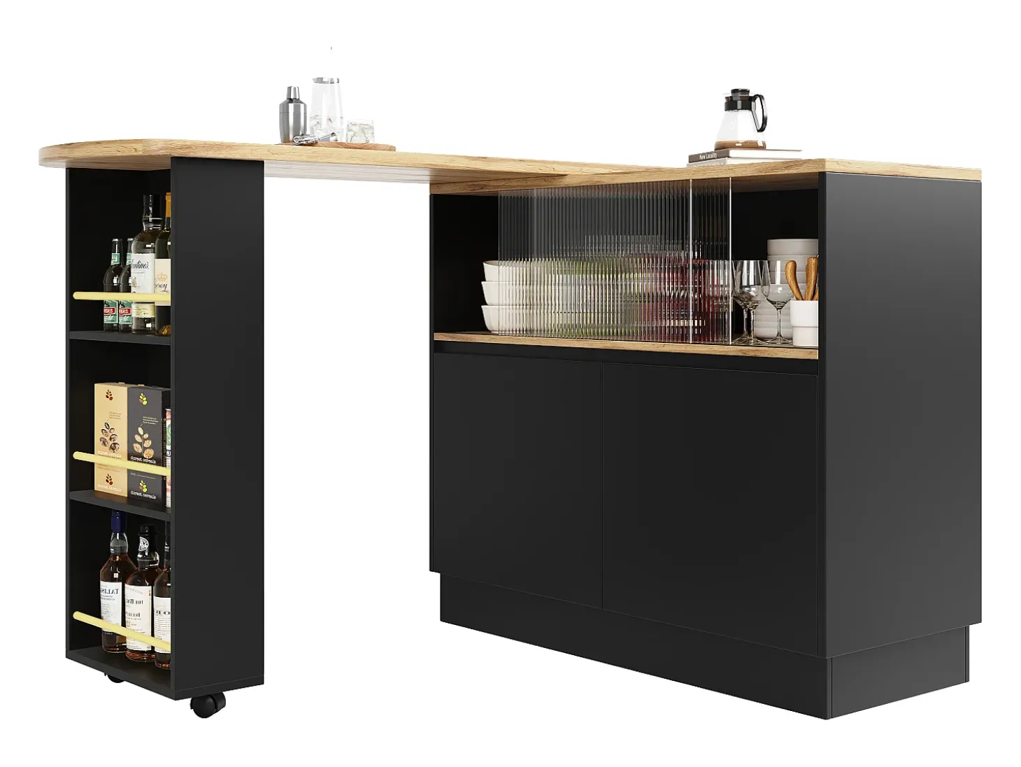 Aparador、Móvel de bar giratório e retrátil em MDF - amplo espaço de arrumação - estilo contemporâneo - Preto