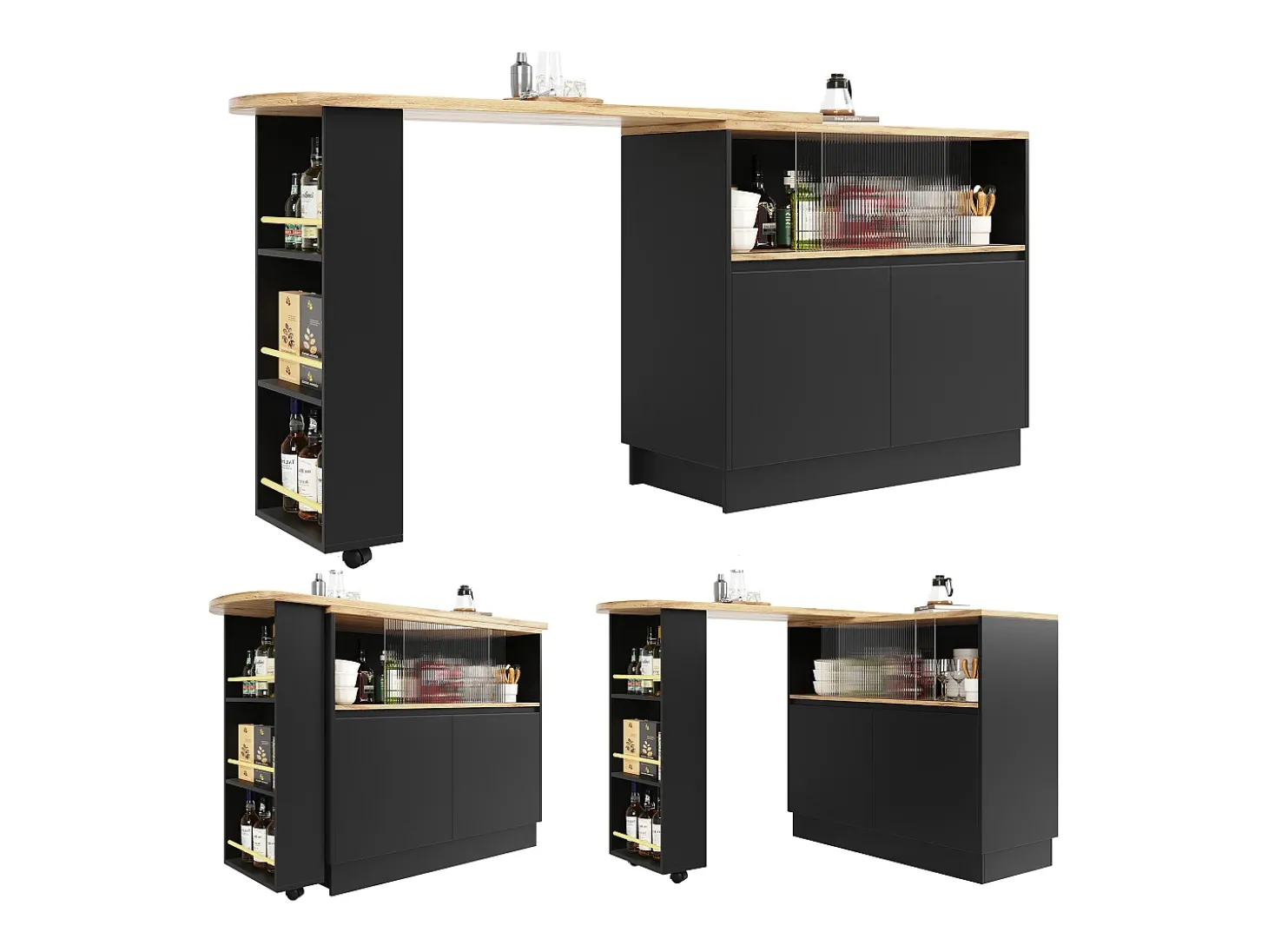 Aparador、Móvel de bar giratório e retrátil em MDF - amplo espaço de arrumação - estilo contemporâneo - Preto