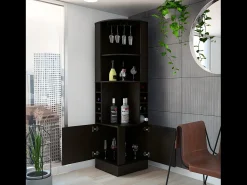 Armário bar de canto Syrah em melamina com quatro prateleiras, oito prateleiras para garrafas e suporte para copos, 180.6 X 46.9 X 46.9 cm , Preto