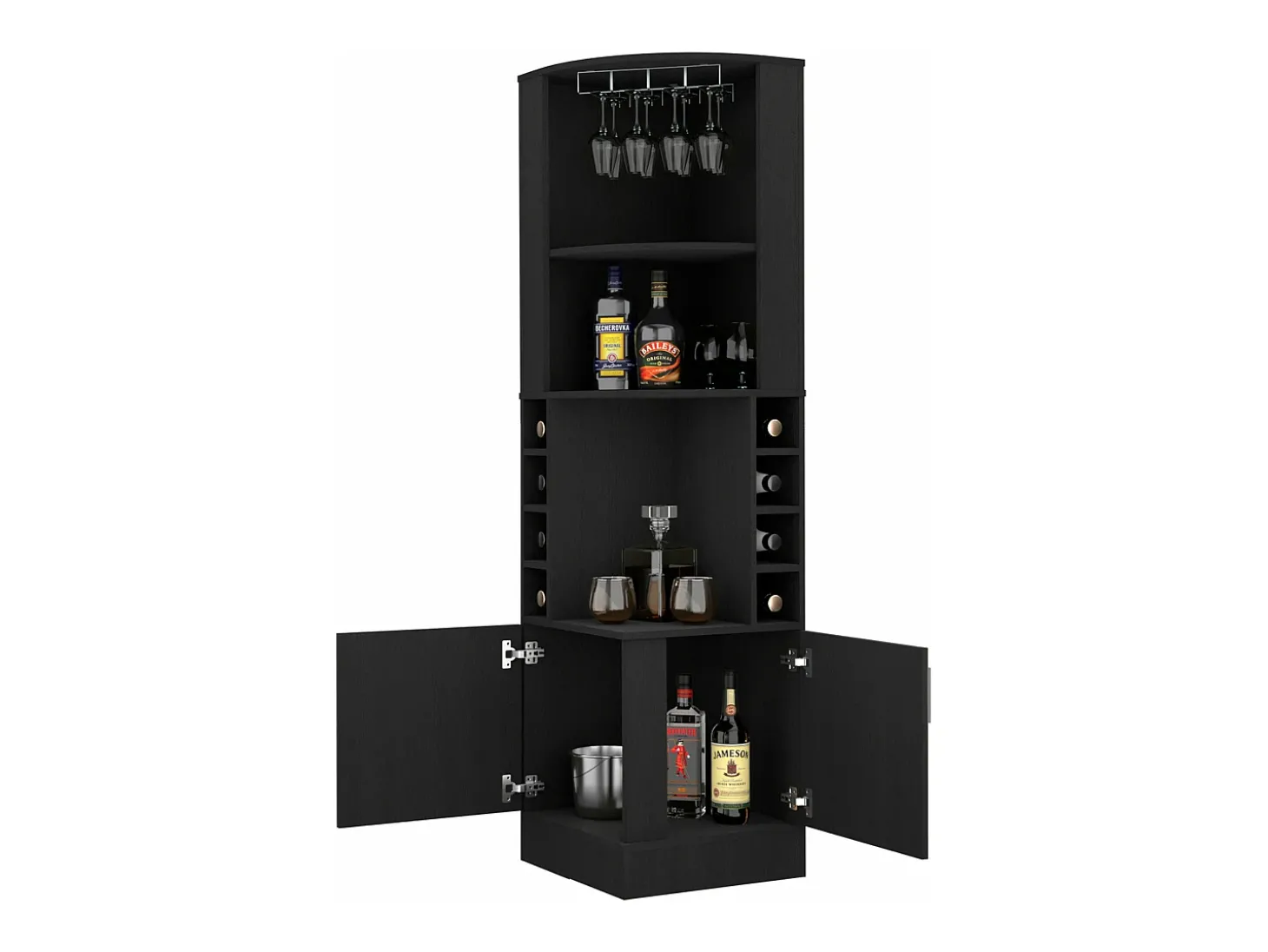 Armário bar de canto Syrah em melamina com quatro prateleiras, oito prateleiras para garrafas e suporte para copos, 180.6 X 46.9 X 46.9 cm , Preto