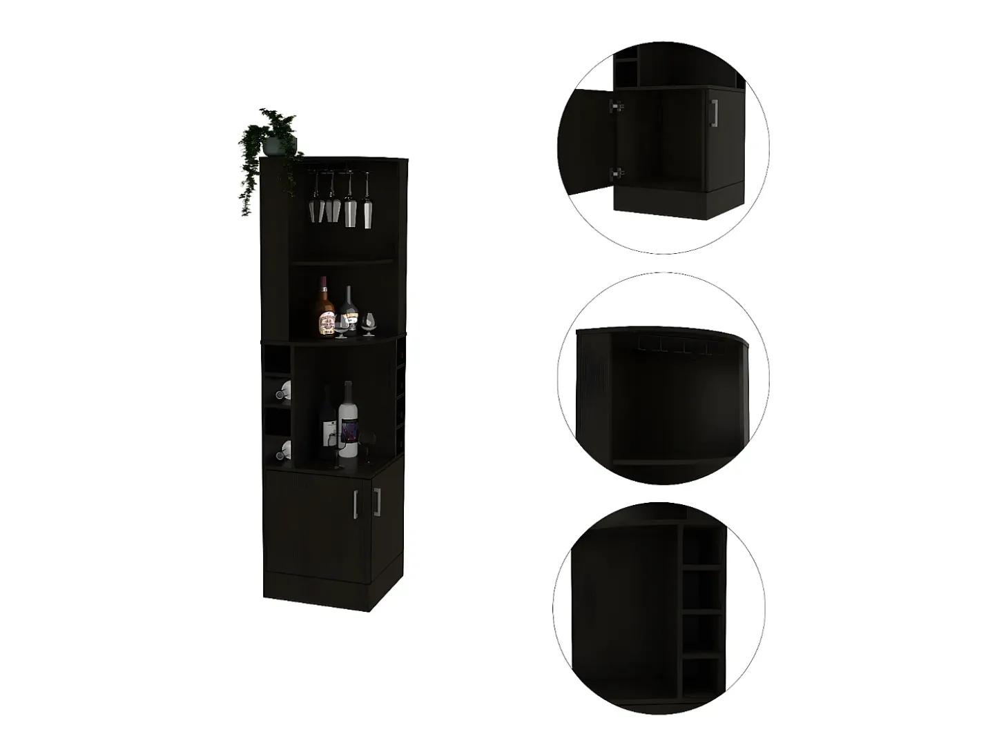 Armário bar de canto Syrah em melamina com quatro prateleiras, oito prateleiras para garrafas e suporte para copos, 180.6 X 46.9 X 46.9 cm , Preto