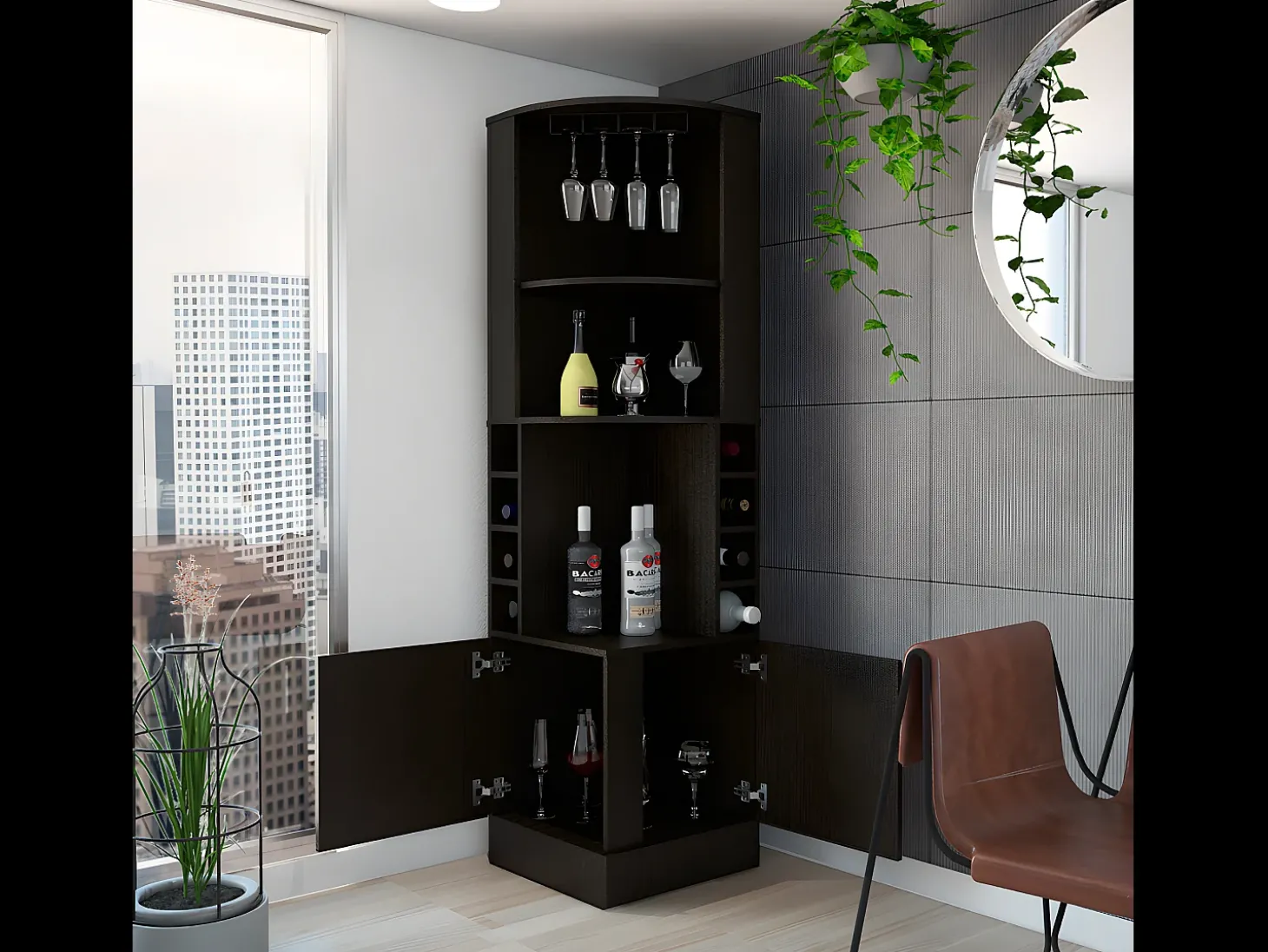 Armário bar de canto Syrah em melamina com quatro prateleiras, oito prateleiras para garrafas e suporte para copos, 180.6 X 46.9 X 46.9 cm , Preto