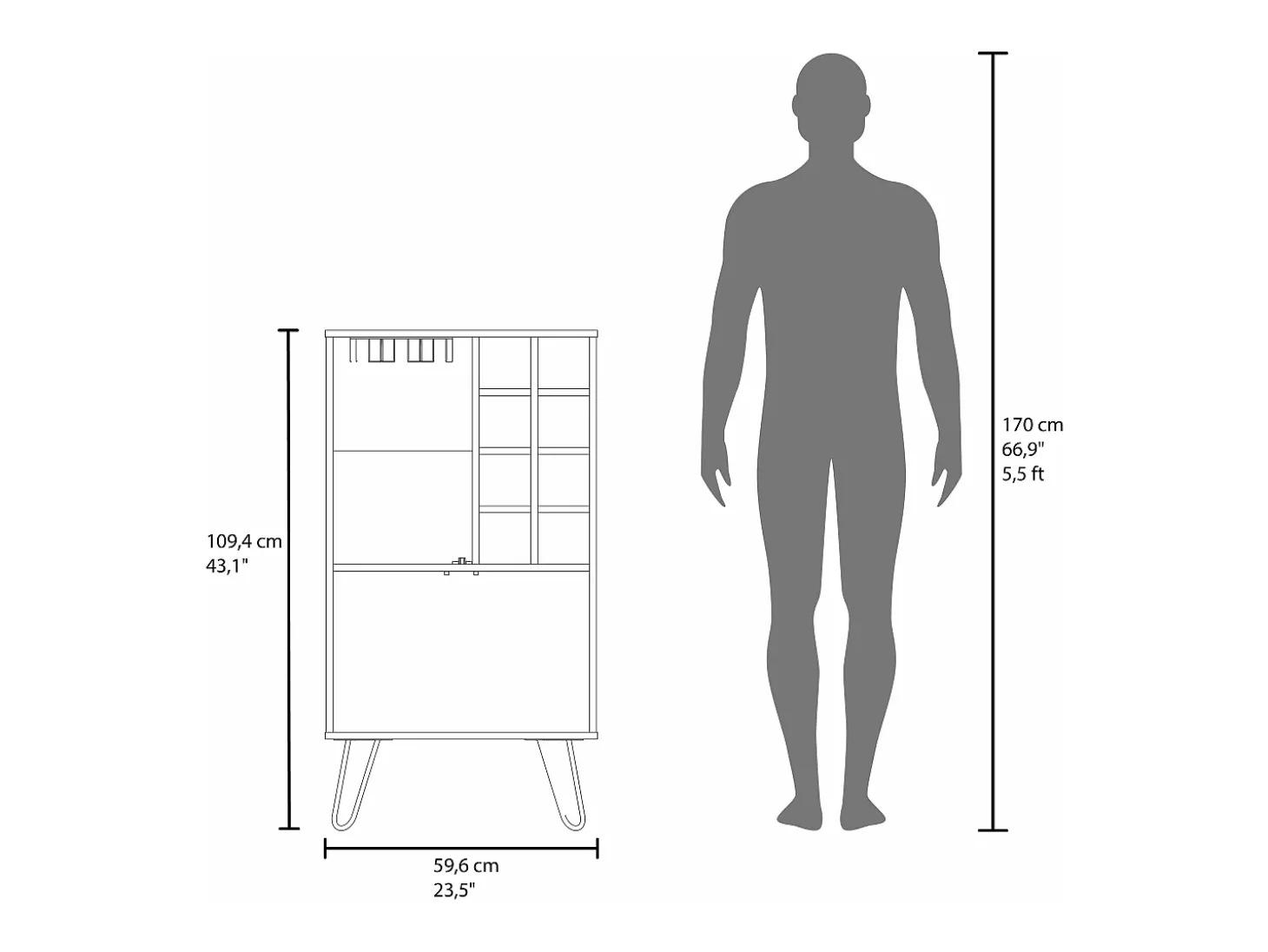 armário bar em melamina aster com 8 suportes para garrafas, 9 suportes para copos e arrumação inferior , Branco , 109,4 cm X 59,6 cm X 40 cm