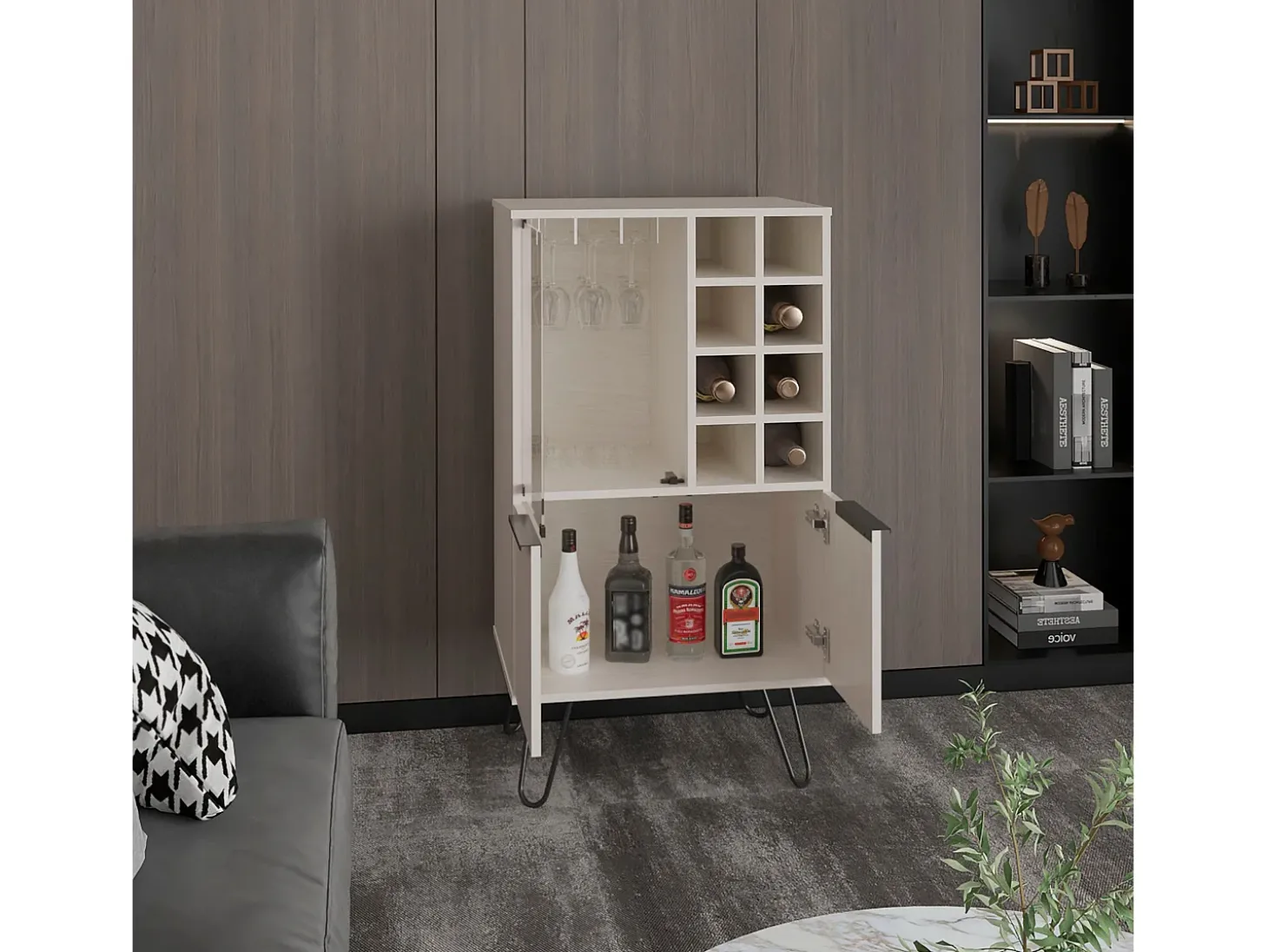 armário bar em melamina aster com 8 suportes para garrafas, 9 suportes para copos e arrumação inferior , Branco , 109,4 cm X 59,6 cm X 40 cm