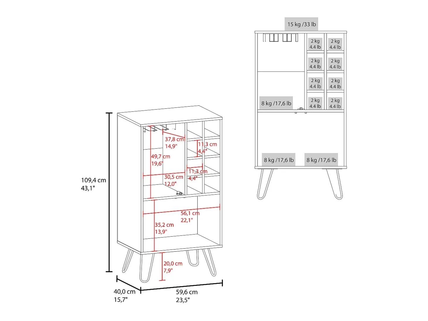 armário bar em melamina aster com 8 suportes para garrafas, 9 suportes para copos e arrumação inferior , Branco , 109,4 cm X 59,6 cm X 40 cm