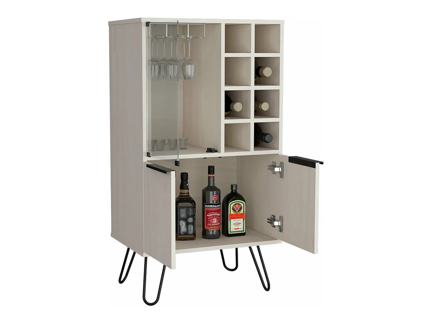 armário bar em melamina aster com 8 suportes para garrafas, 9 suportes para copos e arrumação inferior , Branco , 109,4 cm X 59,6 cm X 40 cm