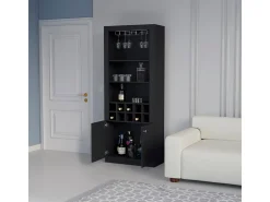 Armário bar em melamina Nebo com 4 prateleiras, 2 portas, 10 suportes para garrafas e 8 suportes para copos, preto, 190 cm X 75 cm X 36.5 cm