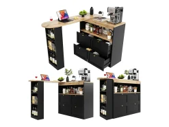 Armário bar giratório - 4 gavetas, 3 prateleiras de arrumação e nicho - Tampo com efeito madeira MDF - 138 cm/105x39x102 cm - Preto