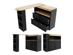 Armário bar giratório - 4 gavetas, 3 prateleiras de arrumação e nicho - Tampo com efeito madeira MDF - 138 cm/105x39x102 cm - Preto