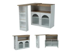 Armário bar giratório - 2 portas, 3 prateleiras de armazenamento e nicho - Tampo com efeito madeira MDF - LEDs - Natural e branco