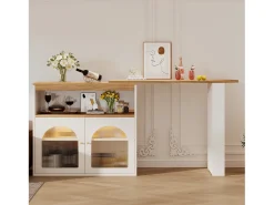 Armário bar giratório - 2 portas, 3 prateleiras de armazenamento e nicho - Tampo com efeito madeira MDF - LEDs - Natural e branco