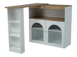 Armário bar giratório - 2 portas, 3 prateleiras de armazenamento e nicho - Tampo com efeito madeira MDF - LEDs - Natural e branco