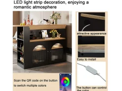 Armário bar giratório - 2 portas, 3 prateleiras de armazenamento e nicho - Tampo com efeito madeira MDF - LEDs - Natural e preto