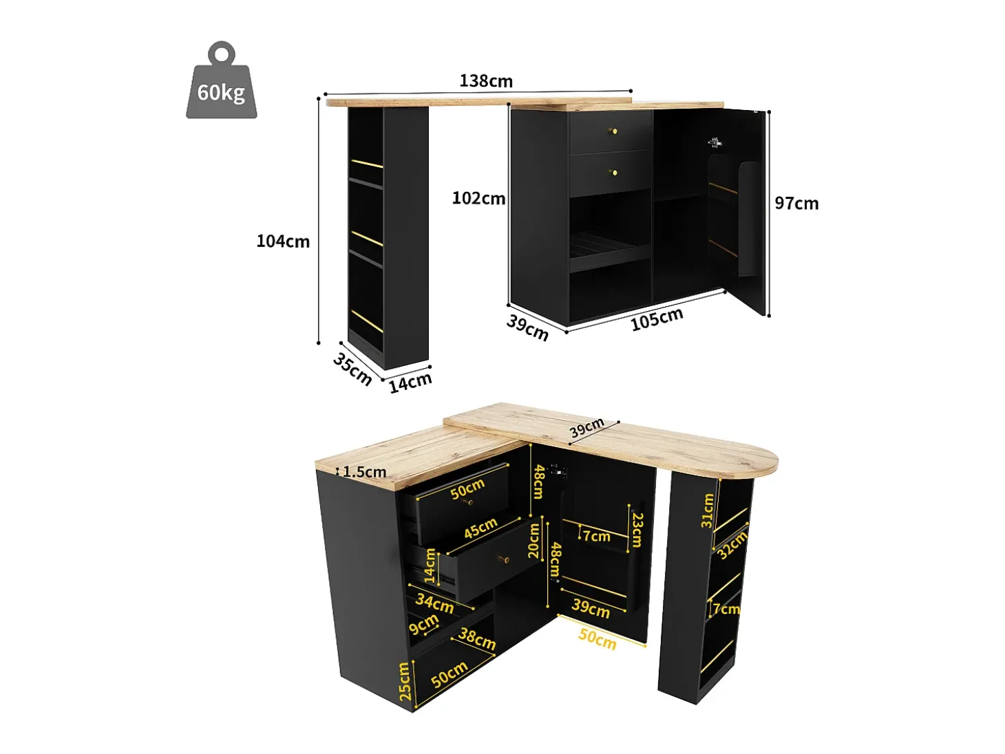 Armário bar giratório - uma porta, 2 gavetas, 3 prateleiras e 2 nichos - Tampo com efeito madeira MDF - 138 cm/105x39x102 cm - Preto
