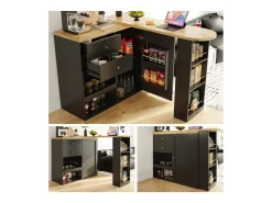 Armário bar giratório - uma porta, 2 gavetas, 3 prateleiras e 2 nichos - Tampo com efeito madeira MDF - 138 cm/105x39x102 cm - Preto