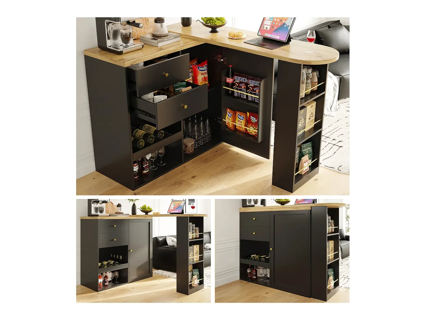 Armário bar giratório - uma porta, 2 gavetas, 3 prateleiras e 2 nichos - Tampo com efeito madeira MDF - 138 cm/105x39x102 cm - Preto