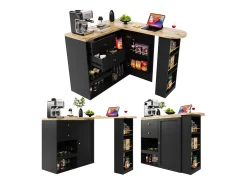 Armário bar giratório - uma porta, 2 gavetas, 3 prateleiras e 2 nichos - Tampo com efeito madeira MDF - 138 cm/105x39x102 cm - Preto