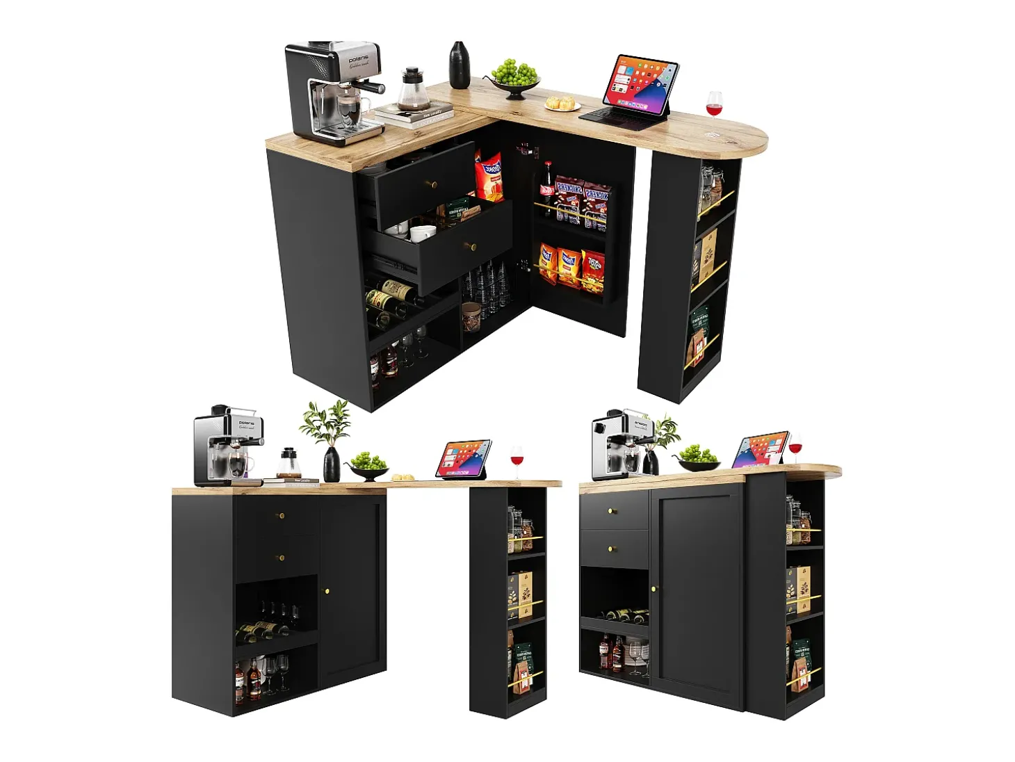 Armário bar giratório - uma porta, 2 gavetas, 3 prateleiras e 2 nichos - Tampo com efeito madeira MDF - 138 cm/105x39x102 cm - Preto