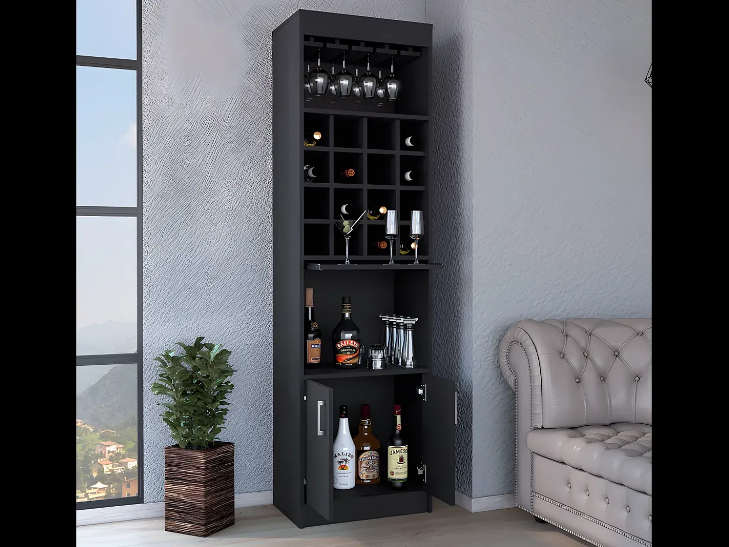 Armário bar Kava Beijing com mesa extensível, 180.59 cm X 50.8 cm X 33.78 cm , Preto