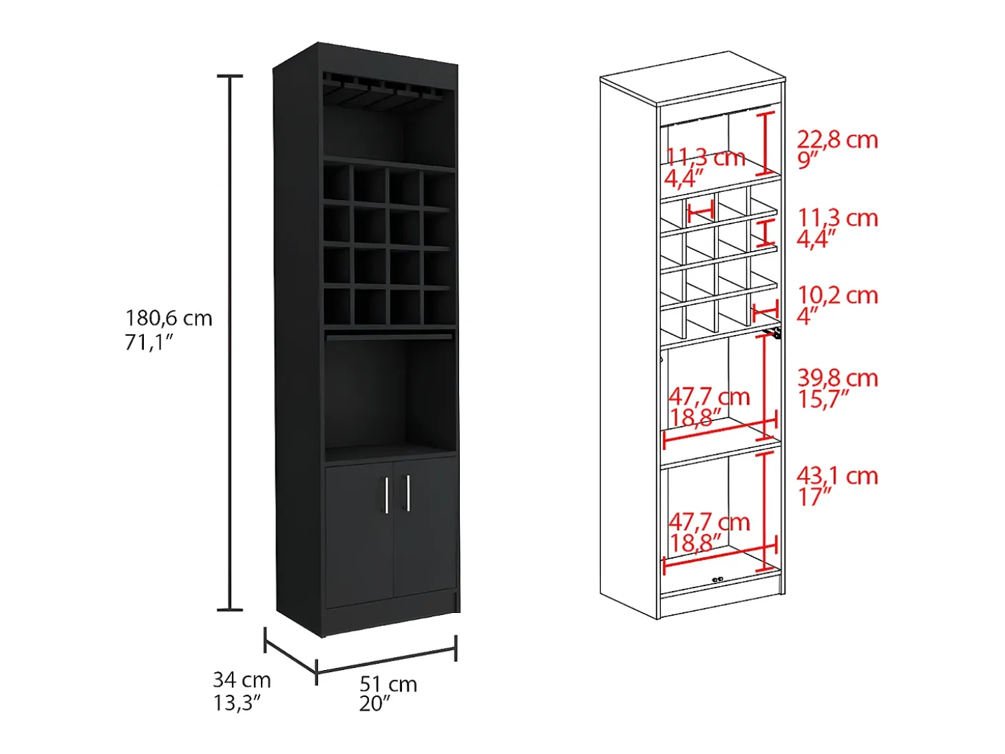 Armário bar Kava Beijing com mesa extensível, 180.59 cm X 50.8 cm X 33.78 cm , Preto
