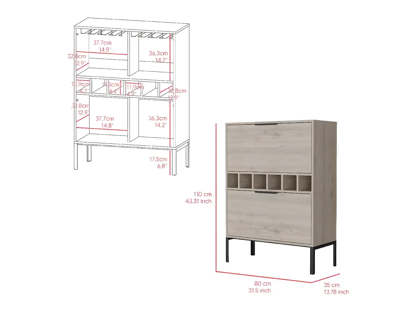 Armário bar Lyrata em melamina com prateleira para vinhos, suporte para copos e 4 prateleiras , 110 cm X 80 cm X 35 cm , Cinzento / prateado