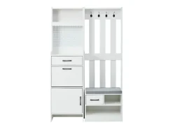 Armário branco com 2 gavetas, 2 portas, banco e ganchos, painel perfurado 110x35x175,5cm