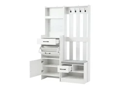 Armário branco com 2 gavetas, 2 portas, banco e ganchos, painel perfurado 110x35x175,5cm