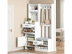 Armário branco com 2 gavetas, 2 portas, banco e ganchos, painel perfurado 110x35x175,5cm